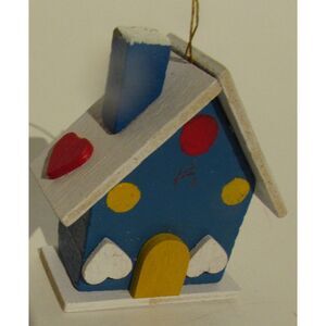 Vintage Christmas ornament little wooden house home hearts blue